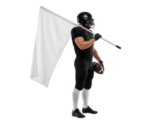 American football player in full uniform holding a blank white flag and football