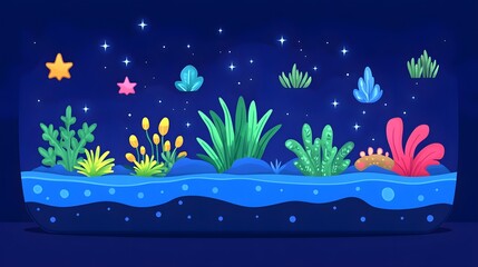 Underwater scene with colorful plants and stars digital art nighttime vibrant aesthetics