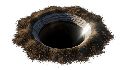 Stone well shaft with dirt and sunlight isolated on a transparent background soil