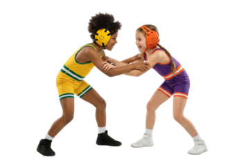 Smiling young boy and girl wrestling in colorful singlets on white background