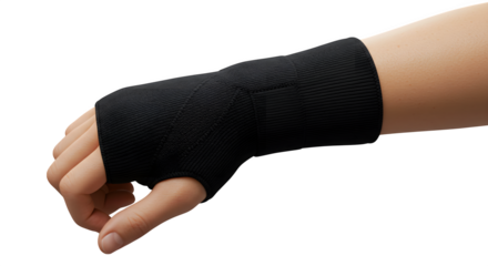 Arm wears black compression glove. Provides wrist support. Use for product photography, online advertising, or product description.