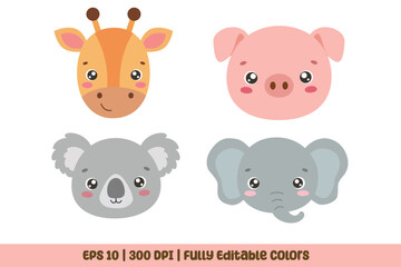 Obraz premium Cute Animals Face Giraffe, Pig, Koala, and Elephant Illustration Set. Suitable for clip art, stickers, flat design illustration, etc