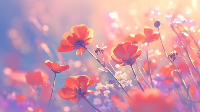 beautiful colorful summer spring flower background with bees working in bright sunlight and soft bokeh