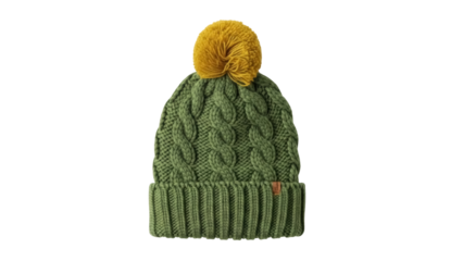 Isolated cable knit beanie hat with pom-pom, green wool cap for winter cold weather warmth