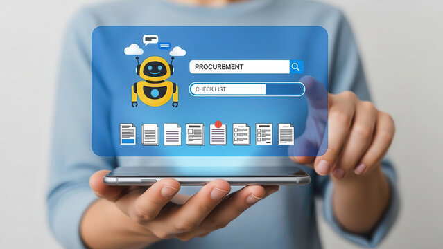 Digital illustration of a woman interacting with a smartphone displaying a procurement checklist and a friendly robot, showcasing modern technology and automation in business processes - Powered by Adobe