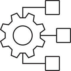A simple line art illustration of a gear connected to three rectangular boxes, symbolizing a process, system, or configuration.