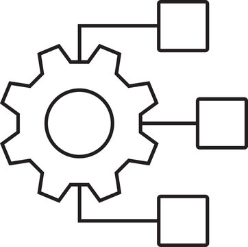 A simple line art illustration of a gear connected to three rectangular boxes, symbolizing a process, system, or configuration.