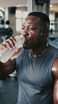 Athlete drinking water in a gym, taking a break during an intense workout session, vertical shot