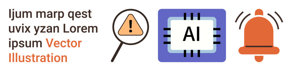 Artificial intelligence, safety alerts, digital communication, technology security, notification systems, automation. Magnifying glass with exclamation mark next to AI chip and alert bell. Artificial