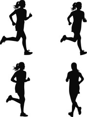 Fototapeta premium Black silhouette set of athletic women sprinting and running on white background
