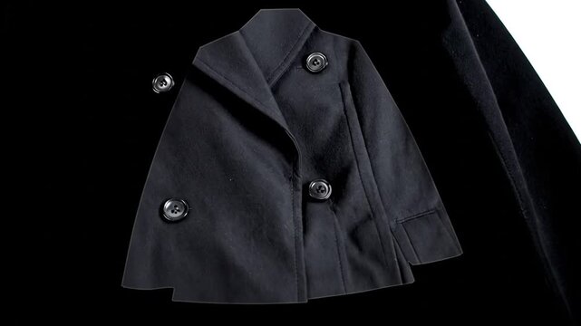 A simple, black jacket with buttons is displayed on a darker, contrasting background
