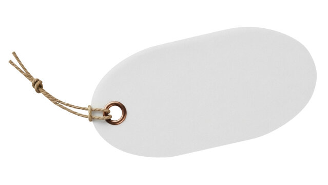 Isolated blank oval paper price tag tied with jute twine rope for merchandise labeling