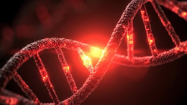 A vibrant red DNA double helix structure with a glowing point of mutation or damage against a dark background.