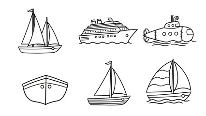 Hand drawn boat and ship icon set featuring sailboats submarine and cruise liner