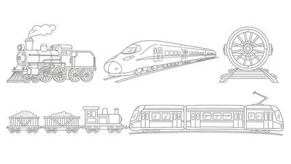 Line art collection of historical and modern trains railcars and components