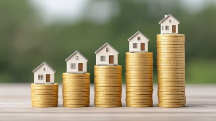 Growth of Real Estate Investment Represented by Miniature Houses on Coin Stacks Symbolizing Financial Prosperity and Housing Market Trends in a Natural Setting