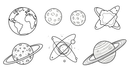 Hand drawn line art collection of planets moons rings and orbital paths
