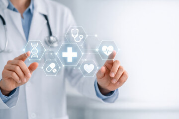 Senior consultant doctor working with futuristic technology in hospital using digital medical interface