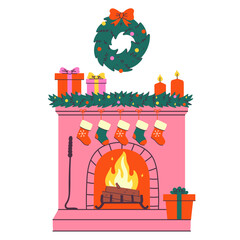 Pink fireplace decorated for Christmas isolated on white background. Vector graphics.