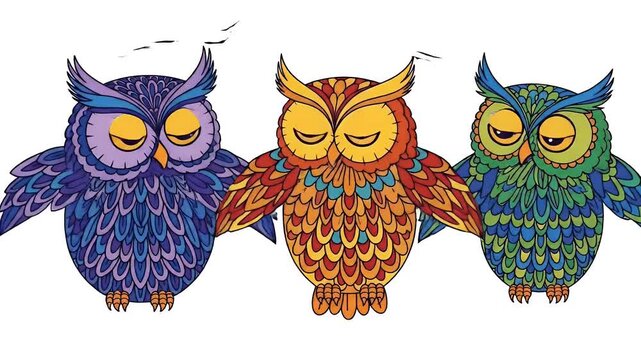Three Colorful Mandala Owls Illustration White Background