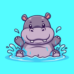 Cute Happy Hippo Playing in Water Splashing Cartoon Vector Icon Illustration.