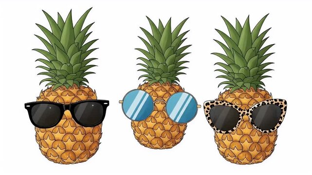 Three Pineapples Wearing Sunglasses Tropical Summer Fruit Characters