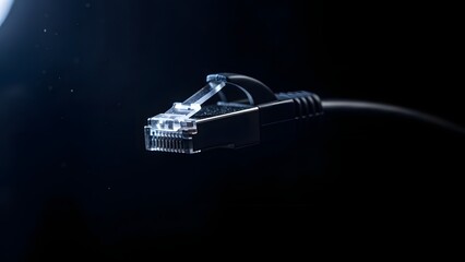 Close-up of Ethernet cable connector with dramatic lighting on black background symbolizing internet connectivity