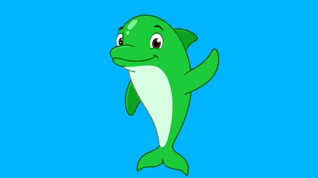 Cartoon green dolphin waving on a blue background illustration.