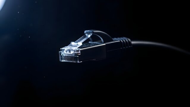 Close-up of Ethernet cable connector with dramatic lighting on black background symbolizing internet connectivity