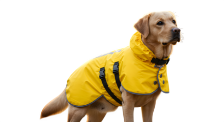Dog in Yellow Raincoat shines, product photography, pet health awareness.