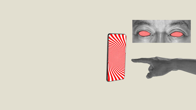 Finger pointing at a cellphone with a hypnotic spiral pattern on its screen, representing mind control, with a pair of eyes with the same hypnotic spiral. Collage art. Concept of Hypnotic