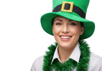 Woman wearing green hat and tinsel garland isolated on white background for st patricks day