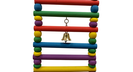 Colorful wood ladder texture features a gold bell on black. Perfect for pet product photography or playful branding.