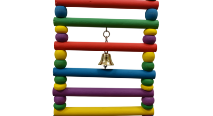 Colorful wood ladder texture features a gold bell on black. Perfect for pet product photography or playful branding.