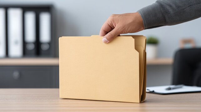 Person Grabbing Yellow File Folder from Desk with Office Supplies in Background and Soft Lighting for Document Organization and Workspace Management
