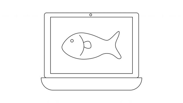 A laptop displays a line drawing of a fish on its screen The laptops design is simple and outlined
