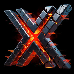 letter x 3d metallic blocky design with orange lava glow on solid black background