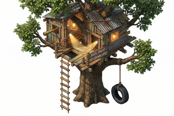 Isometric Adventure Treehouse with Tyre Swing and Telescope