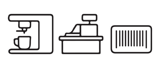 Coffee machine vector icons, cash register, and barcode icon set for business and retail services.