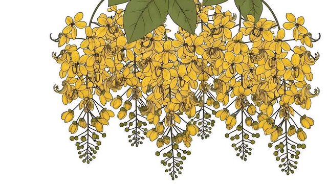 Yellow Cassia Fistula Flowers Hanging Down With Green Leaves On White Background
