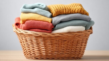 Cozy and Colorful Knitted Sweaters Stacked Neatly in a Woven Basket on a Wooden Table Against a Soft Gray Background