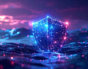 Digital shield hologram floating over a glowing network