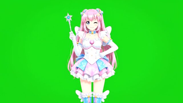 Anime girl with pink hair and a magic wand on green screen.