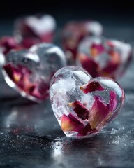 Frozen Valentine's concept. crystal ice hearts with rose petals frozen inside on a dark background