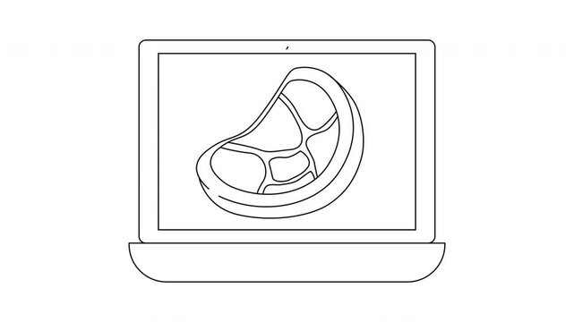 A laptop displays a schematic outline of a steak on the screen