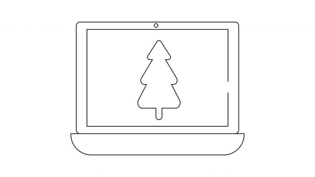 A laptop displays a simple outline of a Christmas tree on its screen