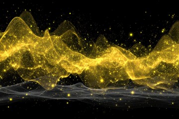 Abstract Golden Particle Waves on Black Background with Bokeh Effect and Dynamic Light Streaks for Modern Technology and Data Visualization