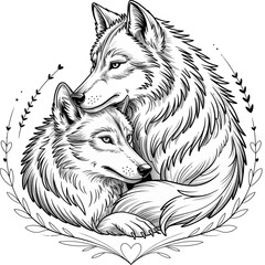 Detailed black-and-white illustration of two wolves embracing in a loving pose, symbolizing loyalty, unity, romance, and deep connection. © Anabella