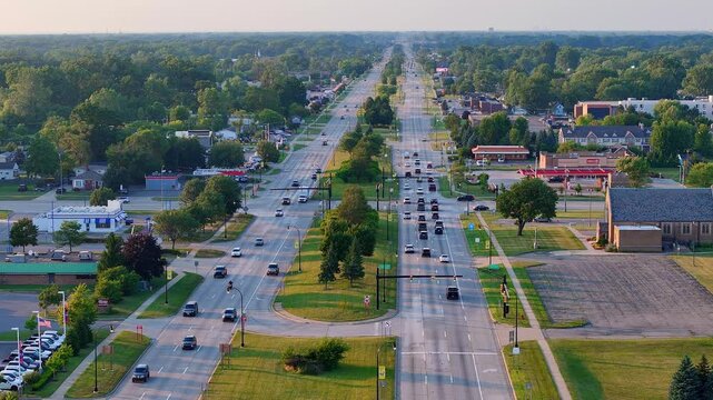 Drone video of Telegraph Road commercial zone in Taylor, Michigan, USA during summer