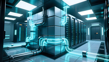Futuristic interior structure of a data center